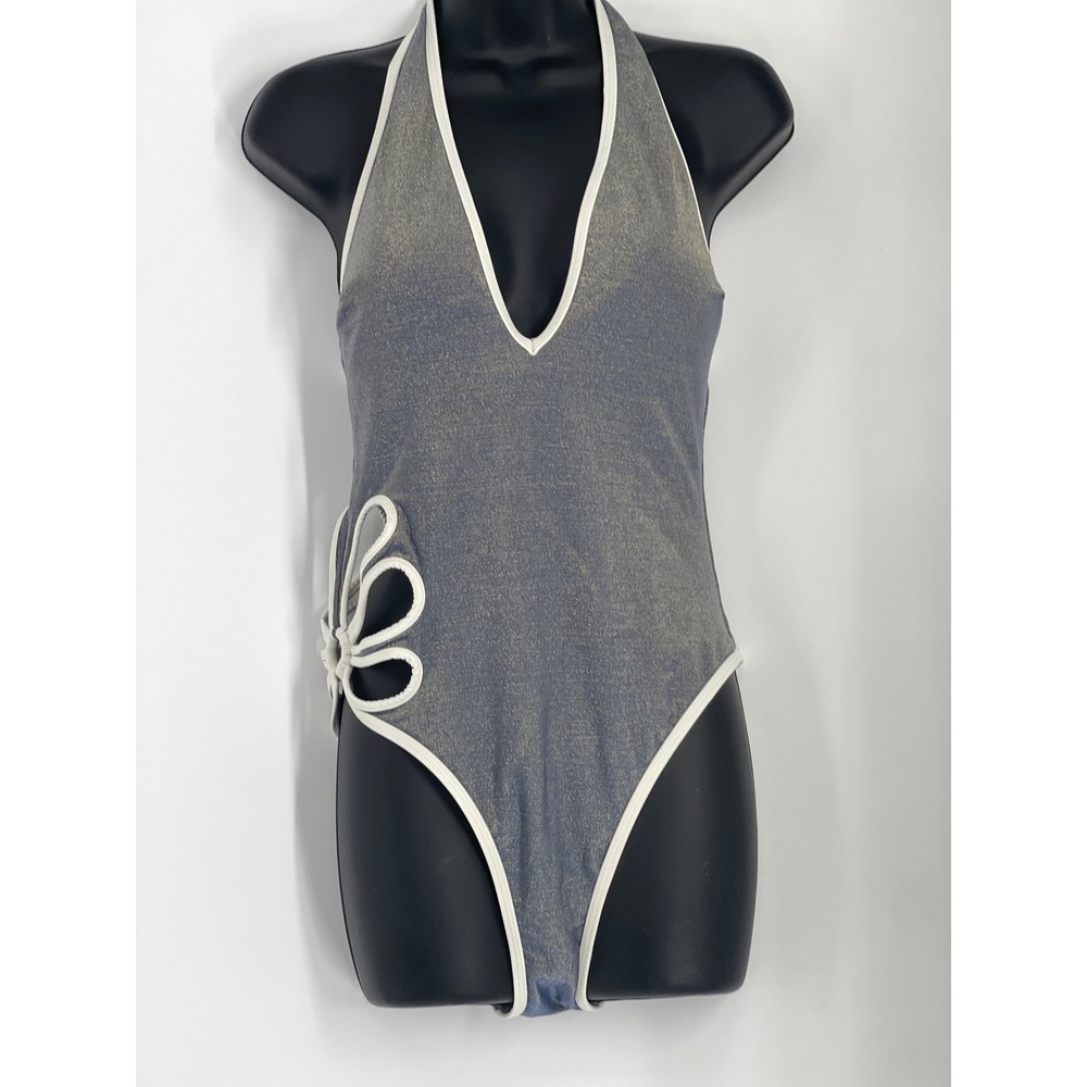 Cupshe One Piece Swimsuit Metallic Blue Halter Flower Cutout Shimmer Size M